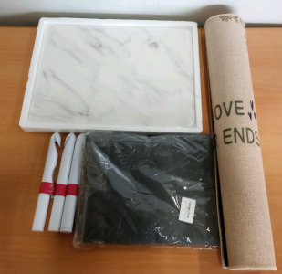 (1) 12"x16" Diatomaceous White Marble Drying Mat (1) 23.6"x23.6" Linen Liner (3) Susan Bates Crochet Hooks & Box of Amazon Returns (sp1)