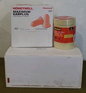 (1) 100-Count Box Of Honeywell Corded Earplugs, (1) 20-Roll Box Of Blue Painters Tape & (6) Rolls Of Scotch Masking Tape