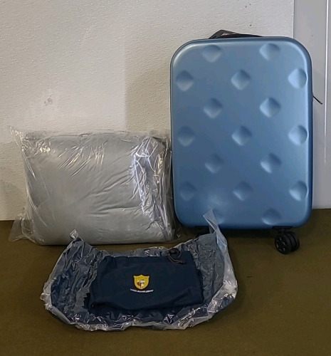 (1) Wemge Sabre Hardshell Rolling Suitcase, 14"W x 20"H x 8"D, (1) Cot/Camping Mattress Pad, 28" x 75", (1) Travel Pillow