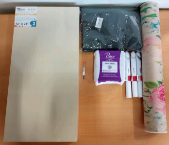 (1) 12"x24" Wooden Painting Panels (1) Linen Skirt 23.6"x23.6" (3) Susan Bates Crochet Hooks & Box of Amazon Returns (sp1)