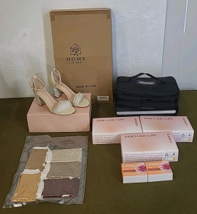 (1) Pair Of LALA IKAI, Party/Dress Shoes, Womens ,Size Eu-37, US-7, (1) Bamboo Serving Tray, (1) Luggabel Organizer Tote, (1) 5-Pack Of Fluffy Fleece Socks, (3) Boxes Of Aurkath Hair Claw Clips & (2) Bars Of Caress. Daily Silk Soap