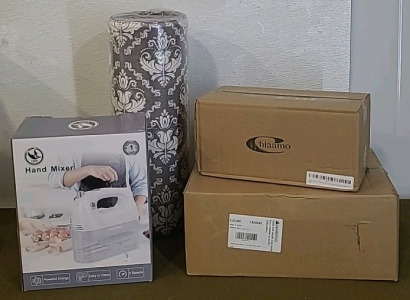 (1) Hand Mixer , (1) Kitchen Floor Mat & Runner Set, (1) Bamboo Trash Bag Dispenser & (1) Box Of (36) Glass Spice Jars