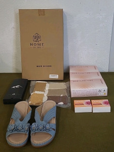 (1) Pair Of Memory Foam Sandals, Womens ,Size Eu-41, US-10, (1) Tactical Belt, Medium, Grey, (1) Bamboo Serving Tray, (1) 5-Pack Of Fluffy Fleece Socks, (3) Boxes Of Aurkath Hair Claw Clips & (2) Bars Of Caress. Daily Silk Soap