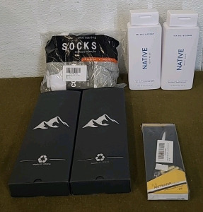 (2) Tactical Belts, Both Medium, (1) Grey, (1) Black, (1) 6-Pack Of Men's Socks, White/Grey, (2) 18-Fl Oz Bottles Of NATIVE Body Wash, Sea Salt & Cedar & (1) Antenna Topper