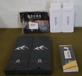 (2) Tactical Belts, Both Medium, (1) Grey, (1) Black, (1) 6-Pack Of Men's Socks, Black/Grey, (2) 18-Fl Oz Bottles Of NATIVE Body Wash, Sea Salt & Cedar & (1) Antenna Topper