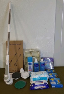 (1) Electric Cleaning Brush Kit, (2) Plastic Organizer Trays, (1) 19-Oz Can Of Sprayway Glass Cleaner (1) Pack Of Unscented Baby Wipes, (1) Pack Of Sanitizing Wipes, (3) 10-Packs Of Raid Fly Ribbons, (2) 14-Oz Bottles Of Clearly Coffee, Coffee Pot Cleane