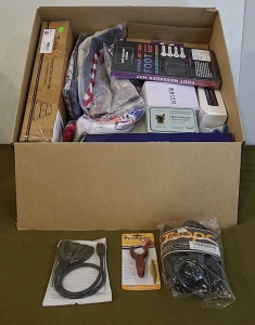 (1) 3-Port HDMI Input Switch, (1) Ergonomic Soft Grip Pen, (1) Steering Wheel Cover, Black & (1) Box Of Assorted Amazon Overstock/ Returns