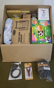 (1) 3-Port HDMI Input Switch, (1) Ergonomic Soft Grip Pen, (1) Steering Wheel Cover, Black & (1) Box Of Assorted Amazon Overstock/ Returns