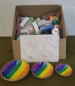 (1) Stone Drying Mat, 12"x15", White Marble Finish, (1) 3-Piece Wooden Bowl Set & (1) Box Of Assorted Amazon Overstock/ Returns