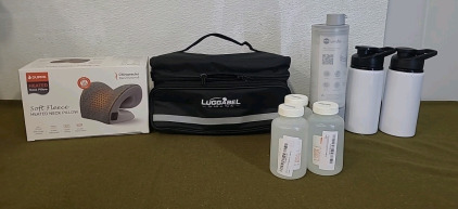 (1) Duppa Heated Neck Pillow, (1) Luggabel Organizer Tote, (1) UNDA 3-In-1 Bottle, Cup & Storage Lid, (2) Small Stainless Steel Vacuum Insulated Water Bottles & (3) 250-ML Of Medline Irrigation Saline, Expire Date 04/23/2026