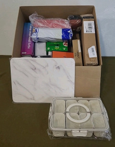 (1) Stone Drying Mat, 12"x15", White Marble Finish, (1) Plastic/Sealing, Snack/OrganizerBox & (1) Box Of Assorted Amazon Overstock/ Returns