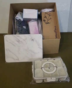 (1) Stone Drying Mat, 12"x15", White Marble Finish, (1) Plastic/Sealing, Snack/OrganizerBox & (1) Box Of Assorted Amazon Overstock/ Returns