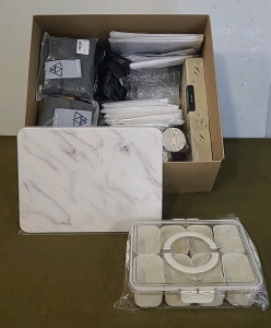 (1) Stone Drying Mat, 12"x15", White Marble Finish, (1) Plastic/Sealing, Snack/OrganizerBox & (1) Box Of Assorted Amazon Overstock/ Returns