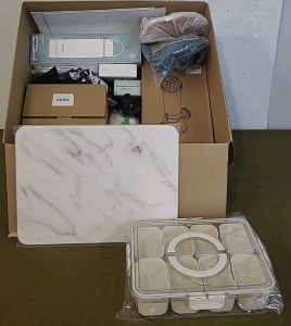 (1) Stone Drying Mat, 12"x15", White Marble Finish, (1) Plastic/Sealing, Snack/OrganizerBox & (1) Box Of Assorted Amazon Overstock/ Returns
