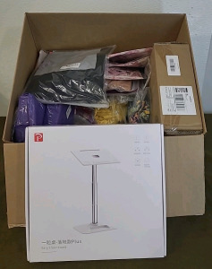 (1) OATSBASF, Eary Floor/Desktop Stand For Laptop/Tablet/Book, Adjustable Height 13" To 22" & (1) Box Of Assorted Amazon Overstock/ Returns