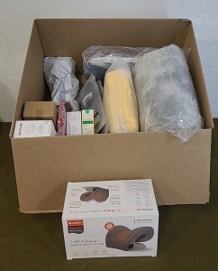(1) Duppa Heated Neck Pillow & (1) Box Of Assorted Amazon Overstock/ Returns
