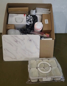 (1) Stone Drying Mat, 12"x15", White Marble Finish, (1) Plastic/Sealing, Snack/OrganizerBox & (1) Box Of Assorted Amazon Overstock/ Returns
