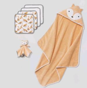 (1) Box Of (8) 6-Piece, Cloud Island, Fox, Infant Hooded Towel / Washcloth Sets, Orange