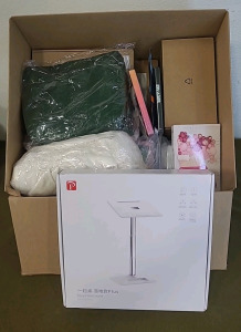 (1) OATSBASF, Eary Floor/Desktop Stand For Laptop/Tablet/Book, Adjustable Height 13" To 22" & (1) Box Of Assorted Amazon Overstock/ Returns