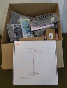(1) OATSBASF, Eary Floor/Desktop Stand For Laptop/Tablet/Book, Adjustable Height 13" To 22" & (1) Box Of Assorted Amazon Overstock/ Returns