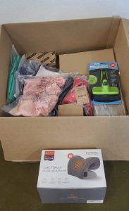 (1) Duppa Heated Neck Pillow & (1) Box Of Assorted Amazon Overstock/ Returns