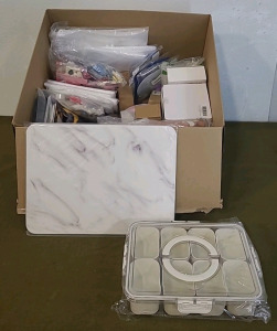 (1) Stone Drying Mat, 12"x15", White Marble Finish, (1) Plastic/Sealing, Snack/OrganizerBox & (1) Box Of Assorted Amazon Overstock/ Returns