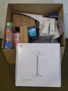 (1) OATSBASF, Eary Floor/Desktop Stand For Laptop/Tablet/Book , Adjustable Height 13" To 22" & (1) Box Of Assorted Amazon Overstock/ Returns