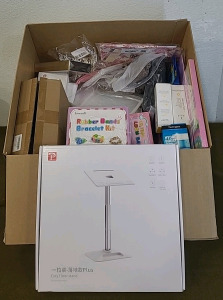 (1) OATSBASF, Eary Floor/Desktop Stand For Laptop/Tablet/Book , Adjustable Height 13" To 22" & (1) Box Of Assorted Amazon Overstock/ Returns