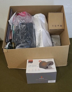 (1) Duppa Heated Neck Pillow & (1) Box Of Assorted Amazon Overstock/ Returns