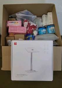 (1) OATSBASF, Eary Floor/Desktop Stand For Laptop/Tablet/Book , Adjustable Height 13" To 22" & (1) Box Of Assorted Amazon Overstock/ Returns