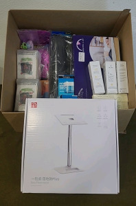 (1) OATSBASF, Eary Floor/Desktop Stand For Laptop/Tablet/Book , Adjustable Height 13" To 22" & (1) Box Of Assorted Amazon Overstock/ Returns