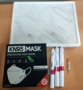 (1) 50 Pack of KN95 Mask (1) 12"x16" Diatomaceous White Marble Drying Mat (3) Susan Bates Crochet Hooks & A Box of Amazon Returns (sp1)