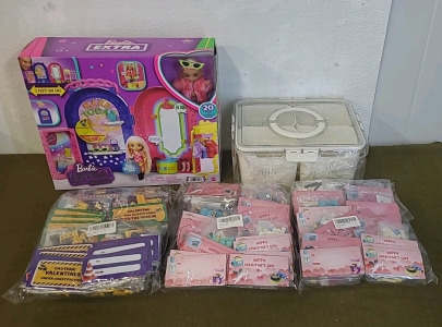(1) 20-Piece, Barbie Extra Minis Playset, (3) 50-Count Bags Of Building Block Valentine's Day Cards & (1) Plastic Organizer Tray