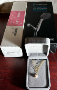 18K Gold Pearl Necklace, 3 Functioning Shower Head, And Detangle Brush