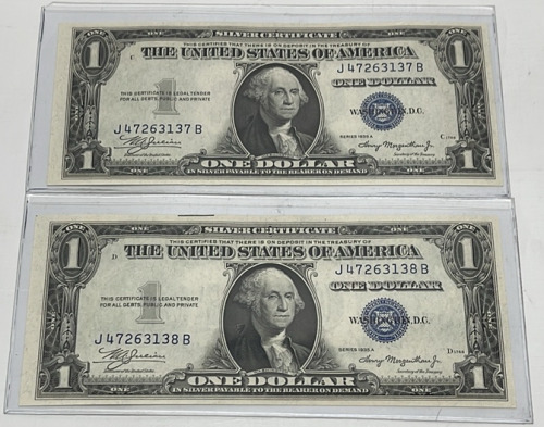 (2) 1935 A Washington $1.00 Silver Certificates W/ Consecutive Serial Numbers (Sleeved)