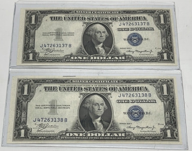 (2) 1935 A Washington $1.00 Silver Certificates W/ Consecutive Serial Numbers (Sleeved)