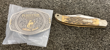 Pendleton Whiskey Belt Buckle & Vintage Pocket Knife