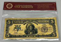 Five Dollar 99.9% Pure 24k Carat Gold Bill Silver Certificate W/ C.O.A. (Sleeved)