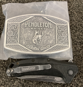 Pendleton Whiskey Belt Buckle & Kershaw Pocket Knife