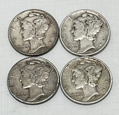 (4) Mercury Silver Dimes Dated 1942-1944