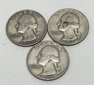 (3) Washington Silver Quarters Dated 1941-1960-1961