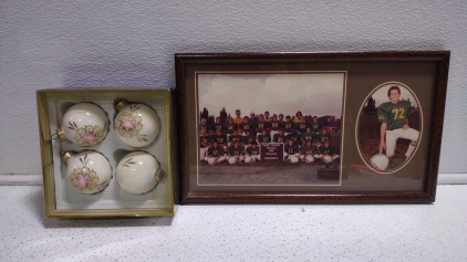 (1) Box of (4) Vintage (White) Bavaria Christmas Ornaments w/ (1) "Young American Football-1982-Steelers-Coppersmith" Picture of Highschool Football Team #72