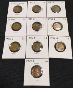 (10) Assorted Lincoln Wheat Pennies from 191?/1916-P to 1929-S