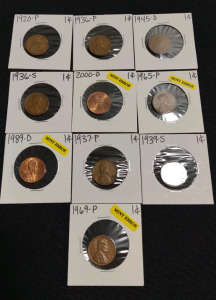 (10) Assorted Lincoln Pennies from 1920-P to 2000-D