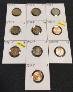 (10) Assorted Lincoln Pennies from 1937-D to 2017-P