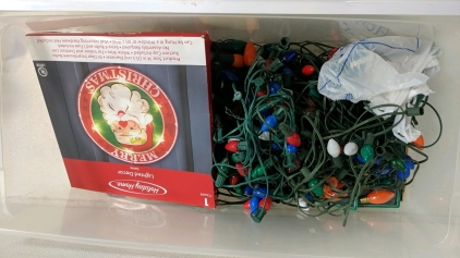 (1) Outdoor Lights - (3) Large Bulb Strands (6) Medium Bulb Strands (1) Lighted Santa & " Dozens of Replacement Bulbs "