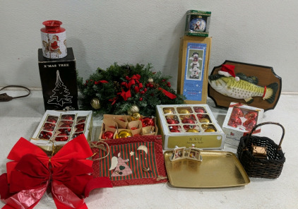 (1) Holiday Decor Collection w/ Ornaments, Billy Bass & More