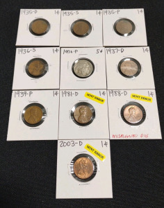 (9) Assorted Lincoln Pennies from 1935-D to 2003-D & (1) 1936-P Indian Head Nickel