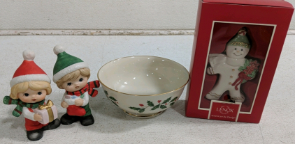 (1) Christmas Collectible Set – Boy & Girl Figurines, Lenox Bowl & Ornament