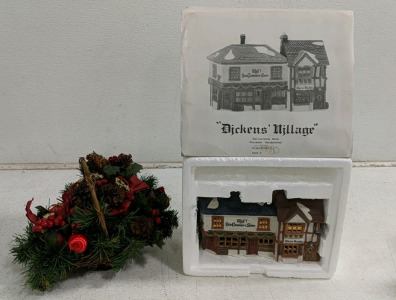 (1) Handpainted Dickens' Village Collectible – Old Curiosity Shop (1) Collectible Holiday Basket